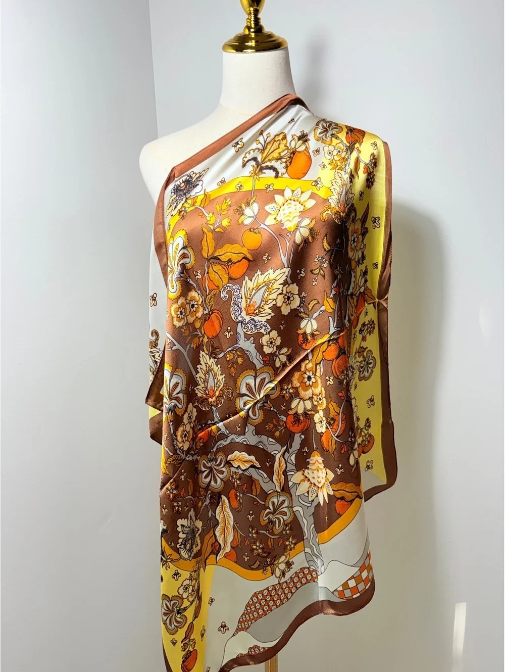 Vintage Floral Scarf in Brown, Yellow, and Orange with Botanical Print